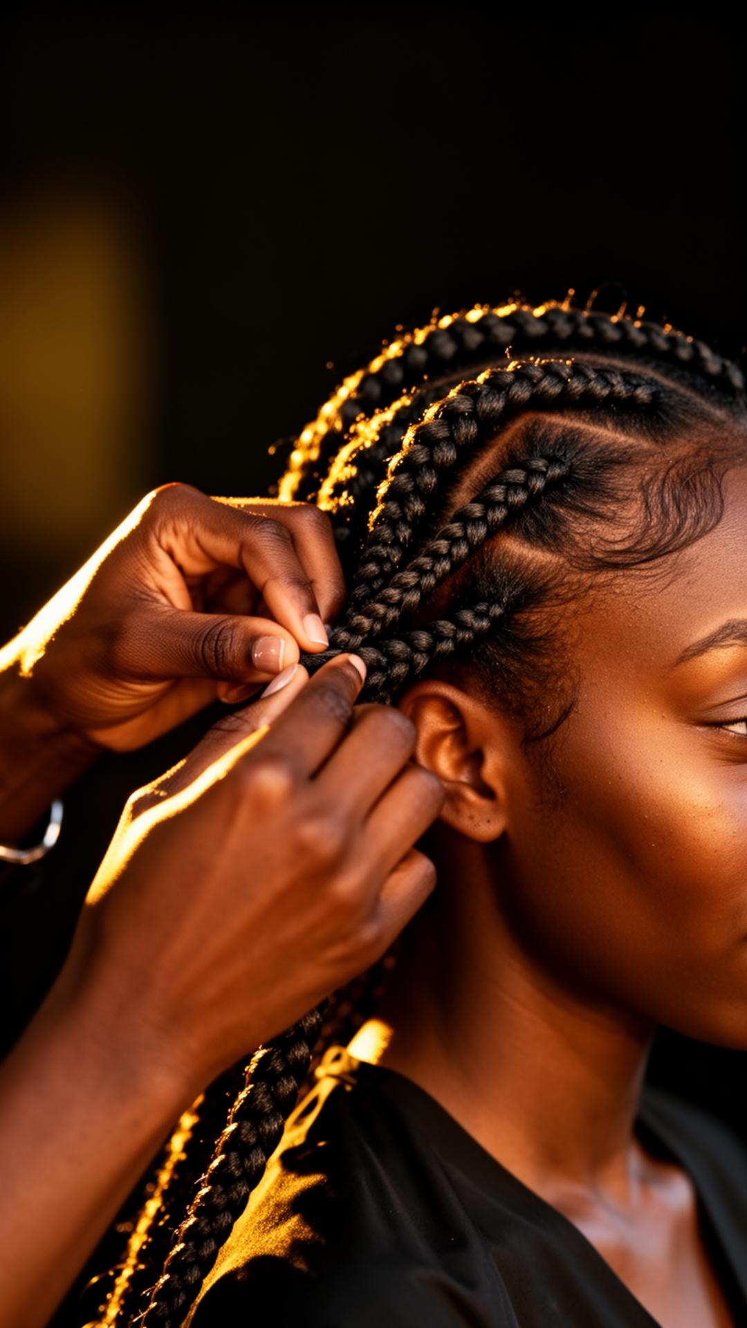 African braider creating knotless braids in warm golden light